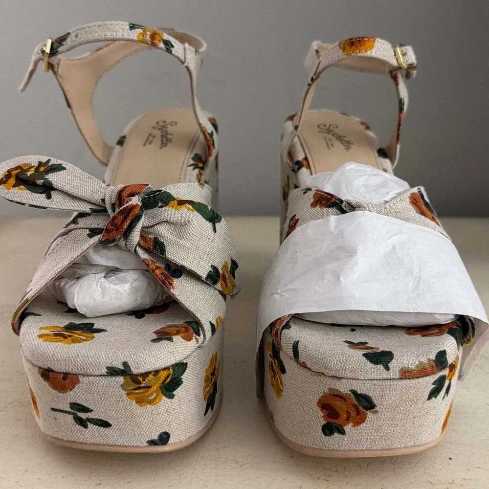 Seychelles Floral Fabric Platform Block Heel Sandals Cream Multi Size 10
